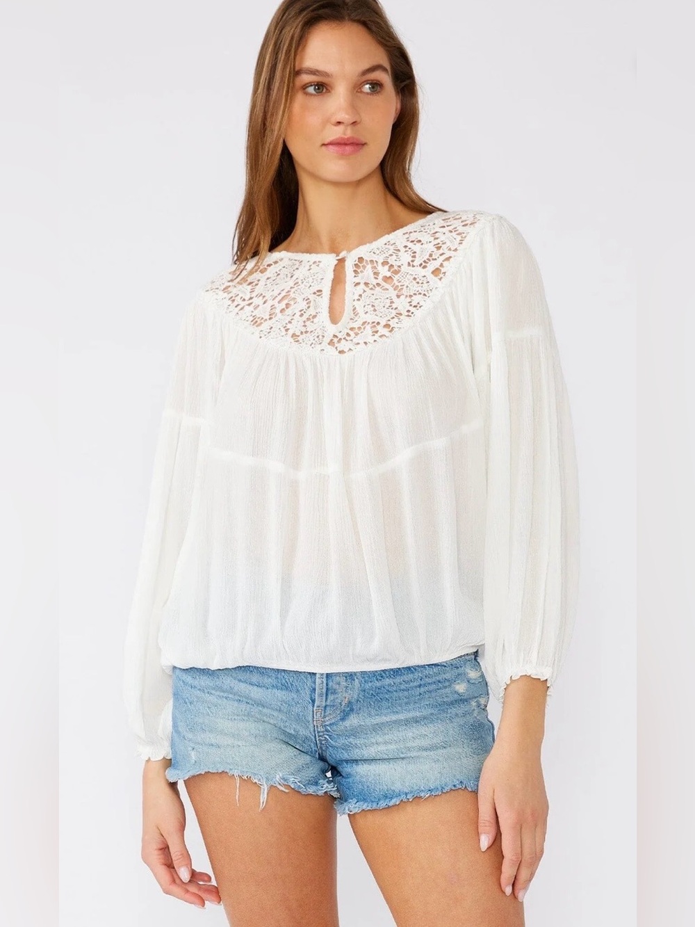 Lovestitch Cream Crochet Yoke Peasant Bubble hem Top
